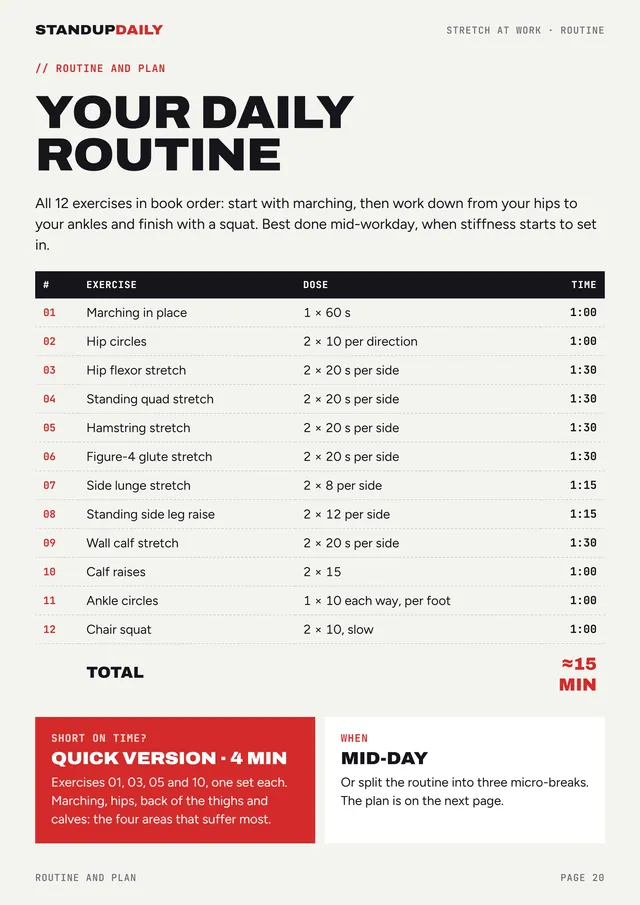 Daily routine table with all 12 exercises and times