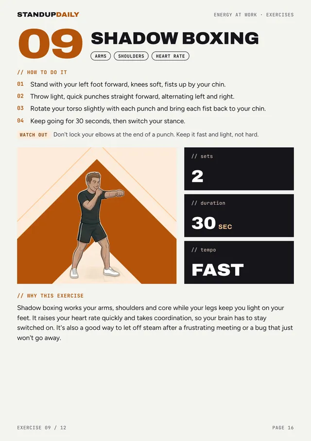 Exercise page: shadow boxing, with steps, illustration and sets